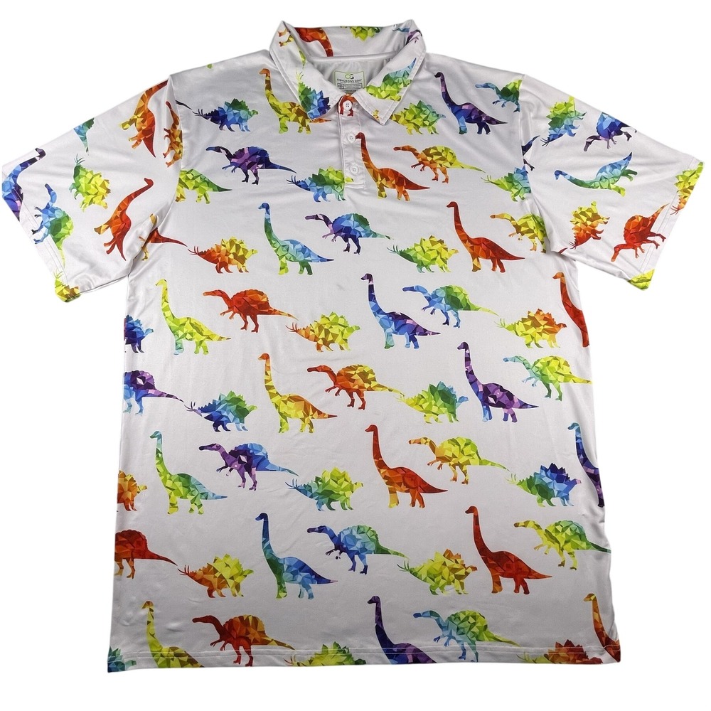 Obnoxious Golf Polo Mens 2XL Tall White Multicolored Dinosaur Short Sleeve